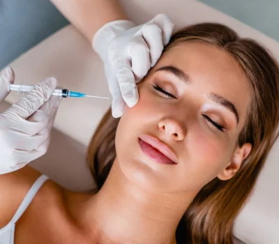 Young woman gets beauty facial injections in salon